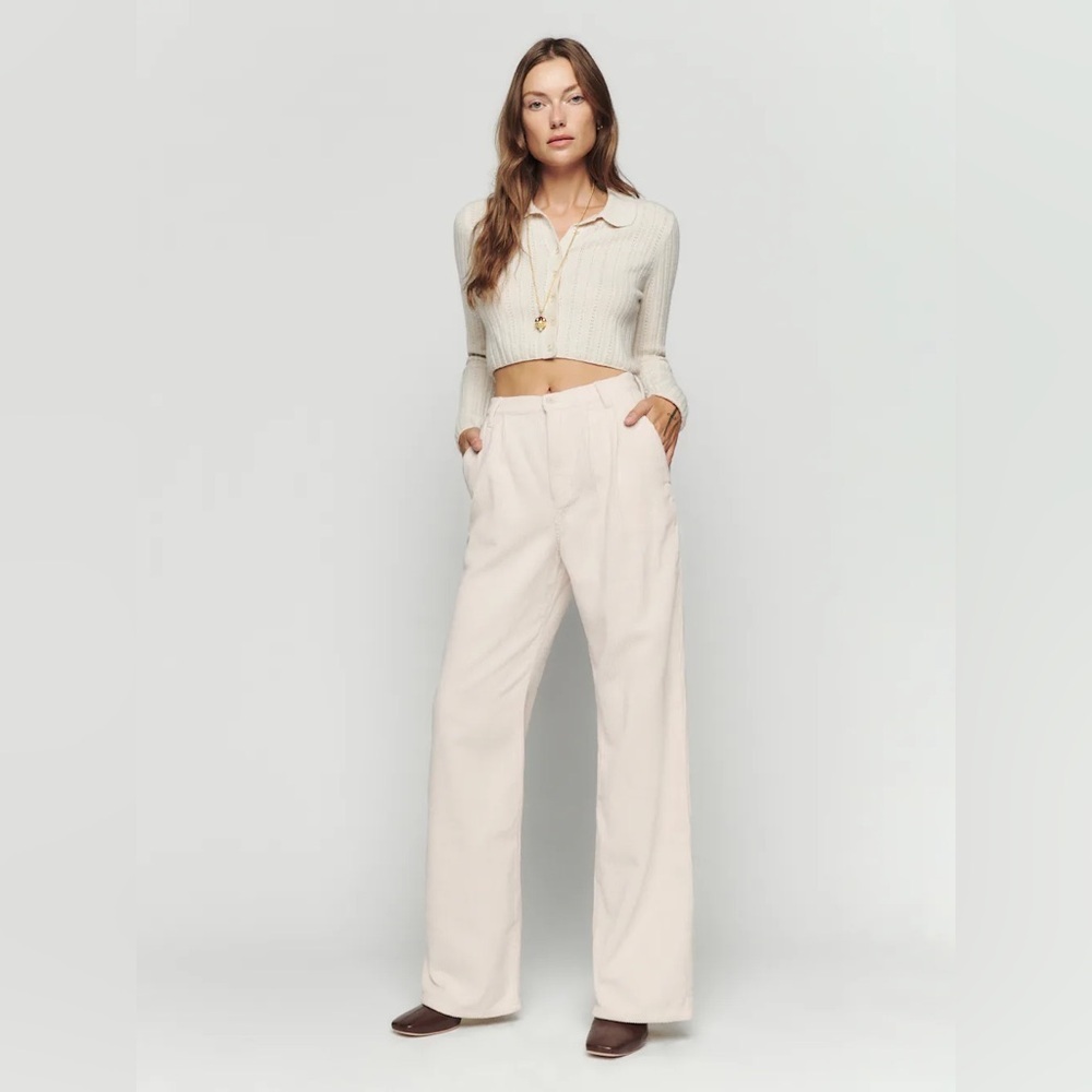 Reformation Montauk Pleated High Rise Corduroy Pants in Bone - Size 31